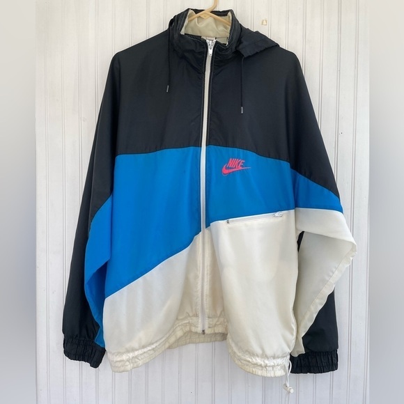 VINTAGE Nike 80s 90s Blue White Black Windbreaker Full Zip Hooded Jacket Size XL - Picture 1 of 11